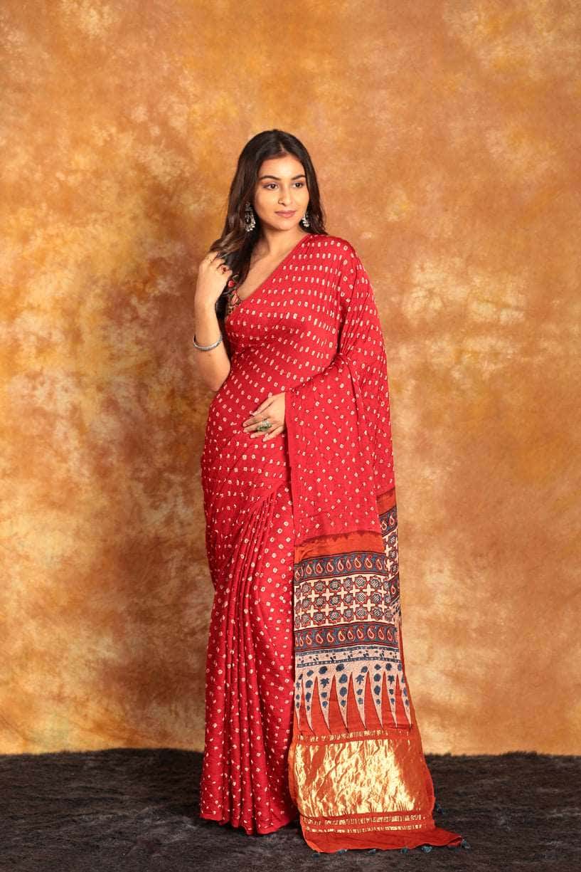Ajrakh x Bandhini Rani Pink Saree-013 - indeloom