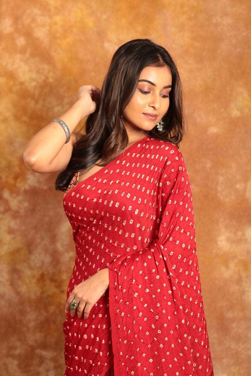 Ajrakh x Bandhini Rani Pink Saree-013 - indeloom