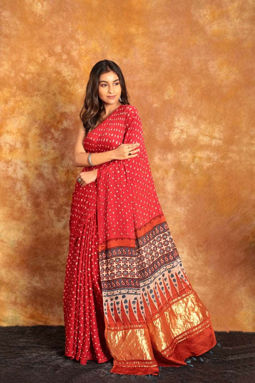 Ajrakh x Bandhini Rani Pink Saree-013 - indeloom