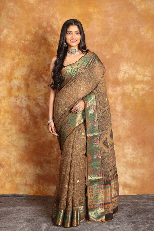 [PRE-ORDER] Ajrakh Designer Saree with Benaresi Floral Border - 016