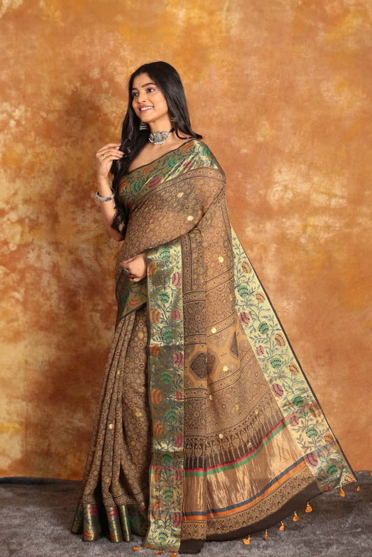 [PRE-ORDER] Ajrakh Designer Saree with Benaresi Floral Border - 016
