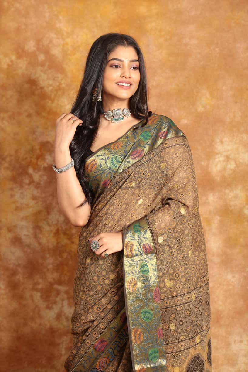 [PRE-ORDER] Ajrakh Designer Saree with Benaresi Floral Border - 016