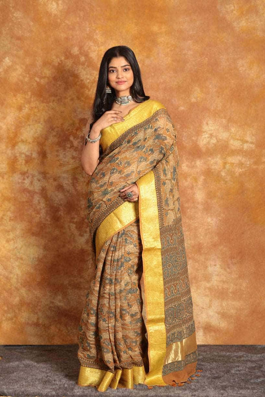 Ajrakh Haldi Color Maheswari Silk Saree-019 - indeloom