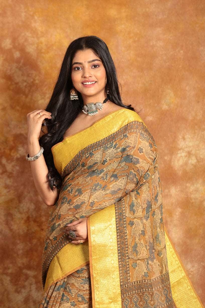 Ajrakh Haldi Color Maheswari Silk Saree-019 - indeloom
