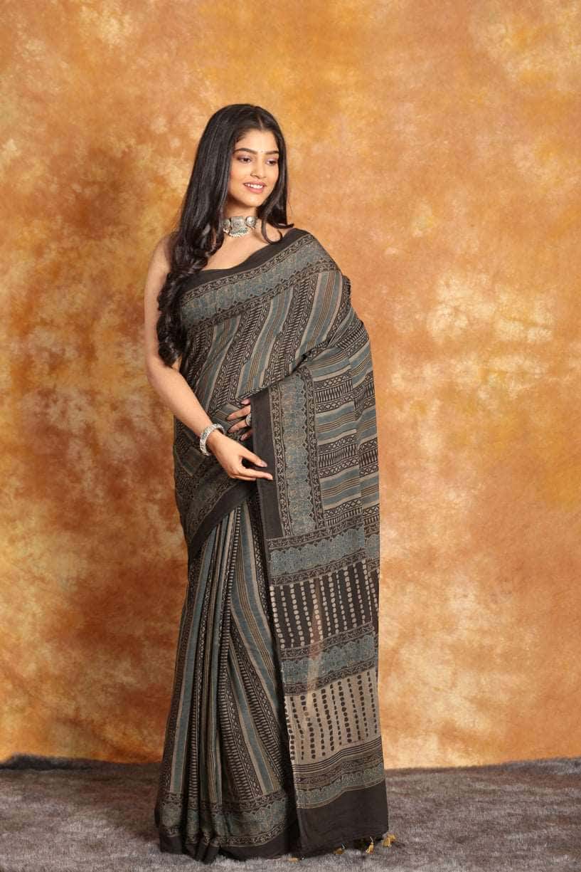 Ajrakh Designer Mul Heaven Saree - 021 - indeloom