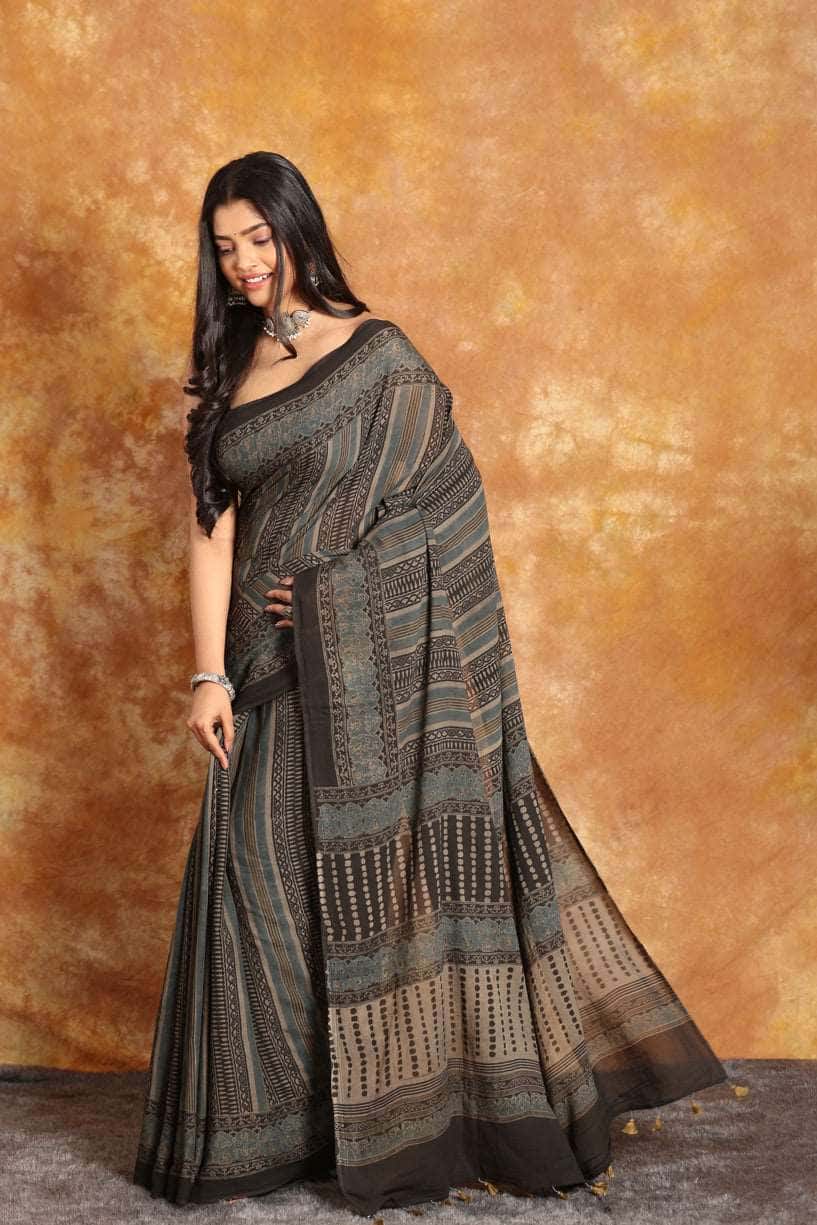 Ajrakh Designer Mul Heaven Saree - 021 - indeloom