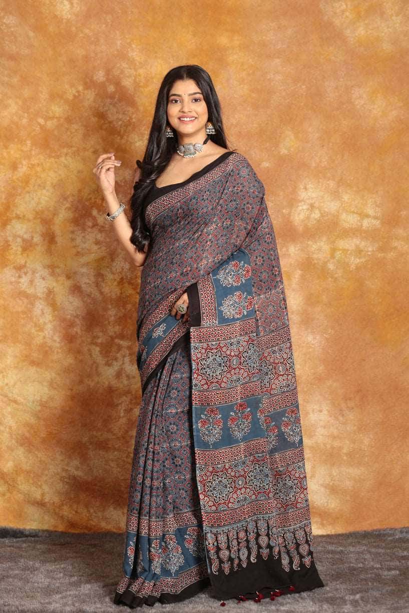 Ajrakh Designer Mul Heaven Saree - 022 - indeloom