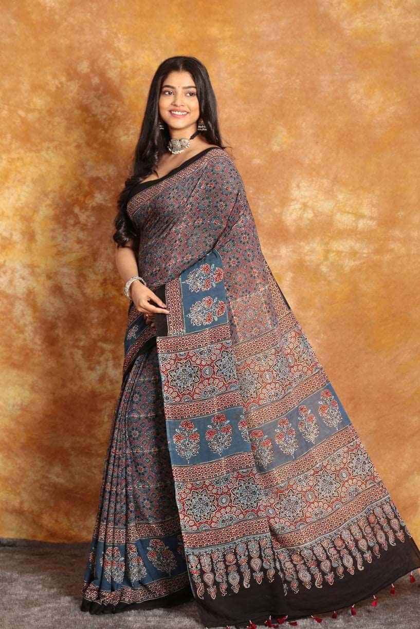 Ajrakh Designer Mul Heaven Saree - 022 - indeloom
