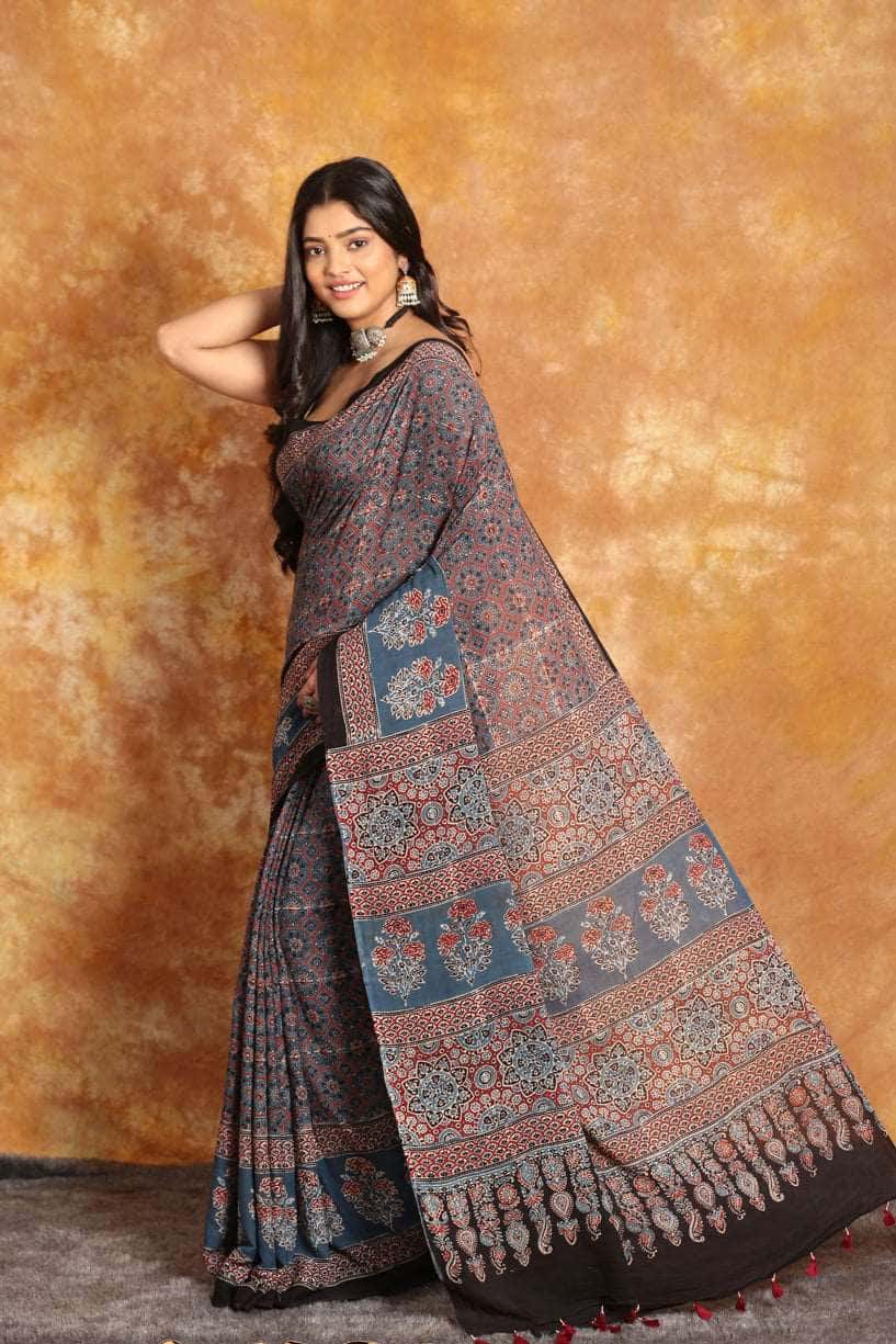 Ajrakh Designer Mul Heaven Saree - 022 - indeloom