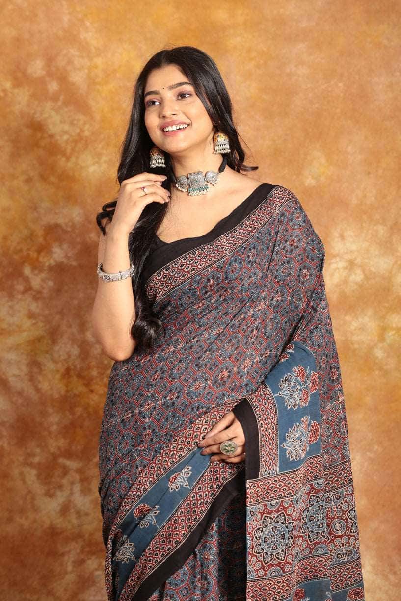 Ajrakh Designer Mul Heaven Saree - 022 - indeloom