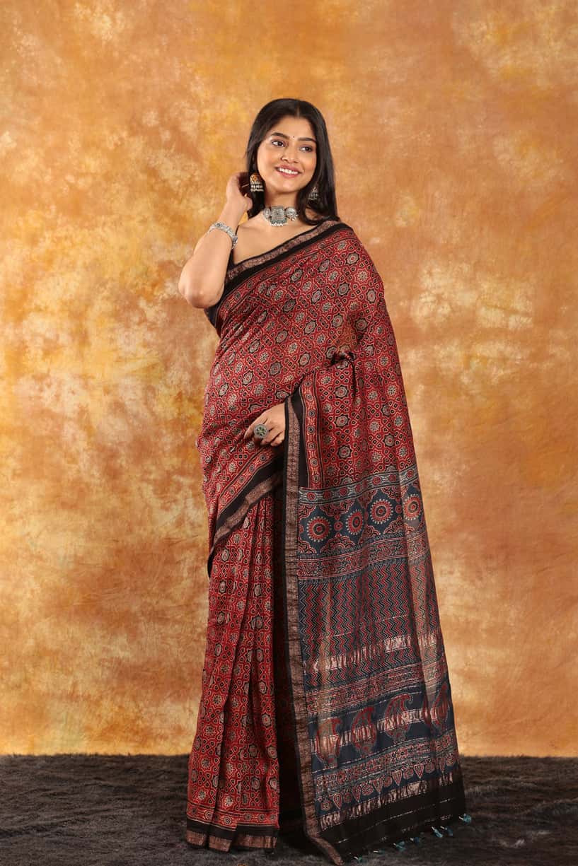 Maroon Ajrakh with Zari Pallu-026 - indeloom