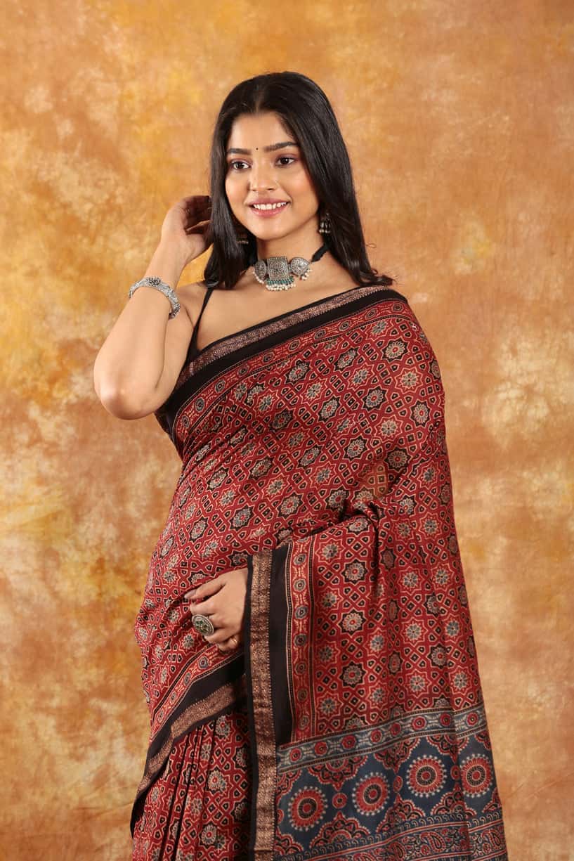 Maroon Ajrakh with Zari Pallu-026 - indeloom