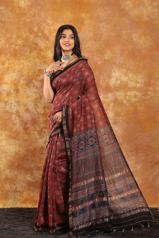 Maroon Ajrakh with Zari Pallu-026 - indeloom