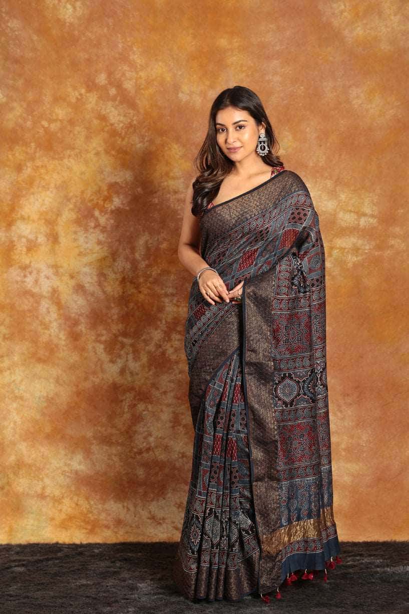 Design Multi Color All over Ajrakh saree-025 - indeloom