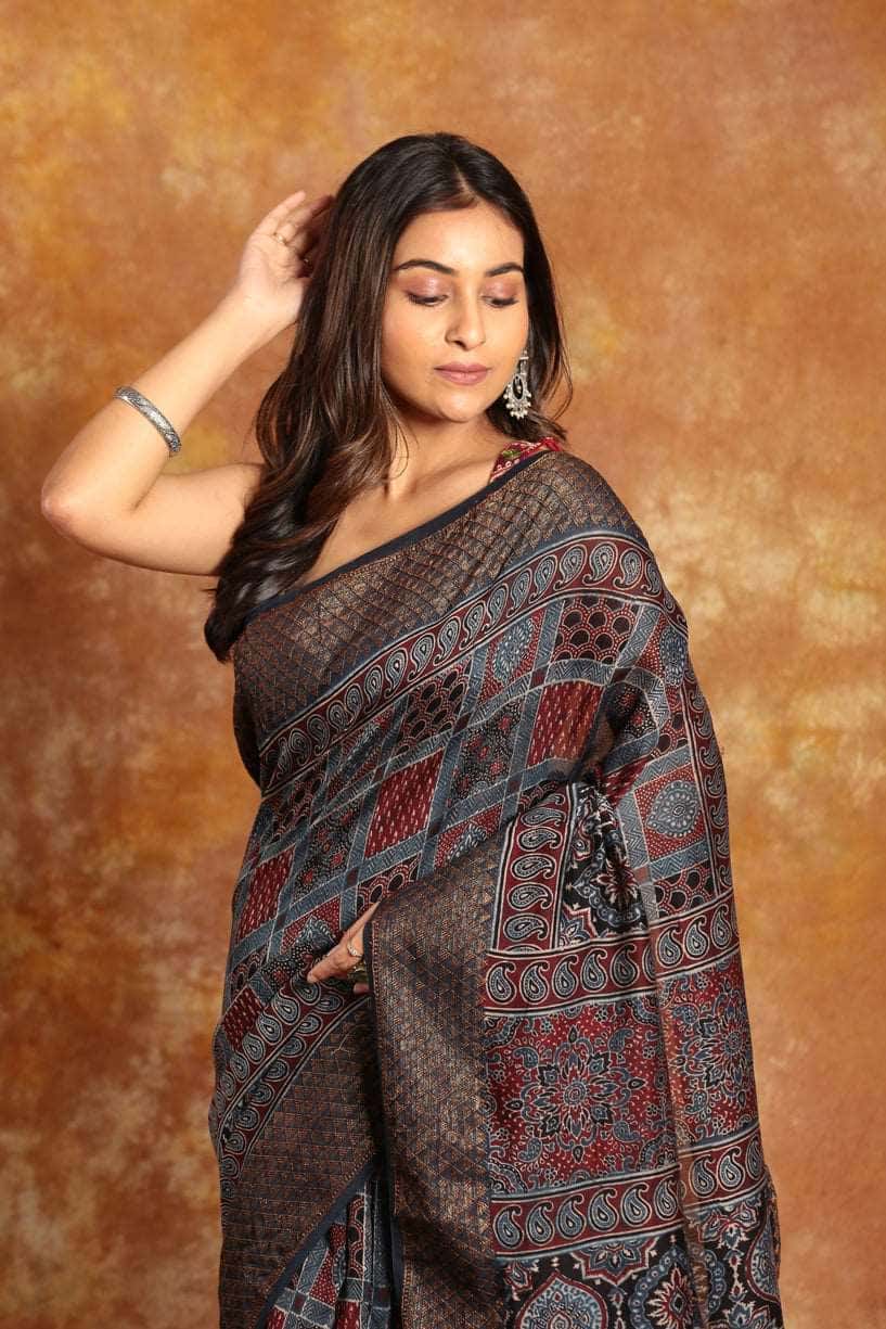 Design Multi Color All over Ajrakh saree-025 - indeloom