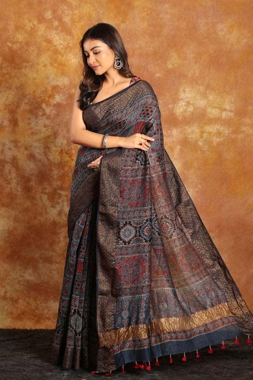 Design Multi Color All over Ajrakh saree-025 - indeloom