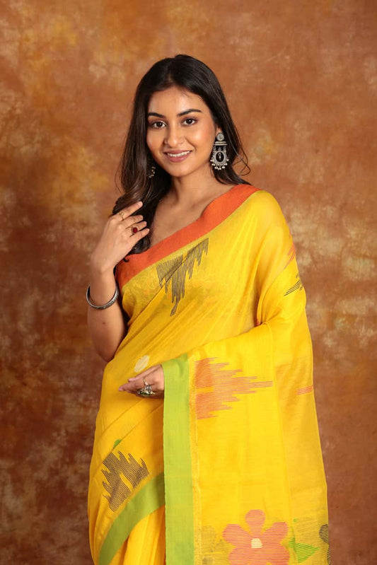 Handwoven Handloom Jamdani Yellow Saree-005 - indeloom