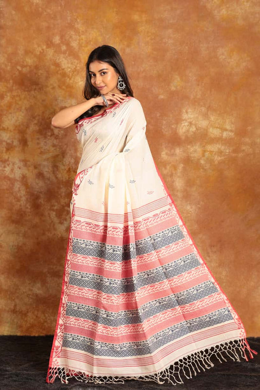 Red Grey White Handloom Cotton Saree(Pre-Order)-010