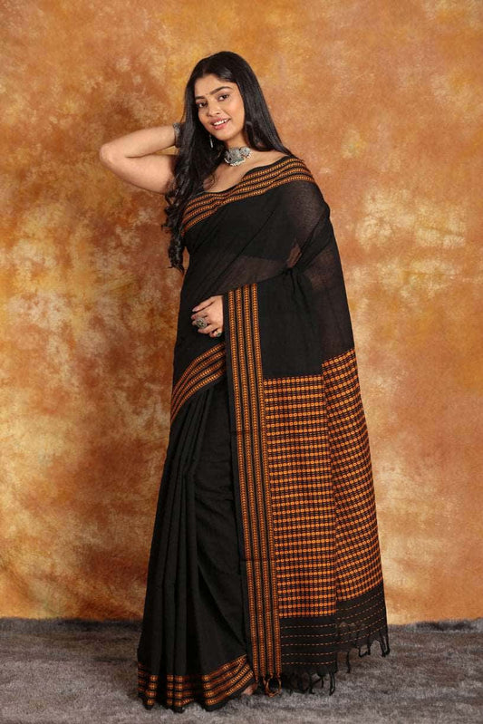 Black-Handloom Cotton Saree(Pre-Order)-025 - indeloom