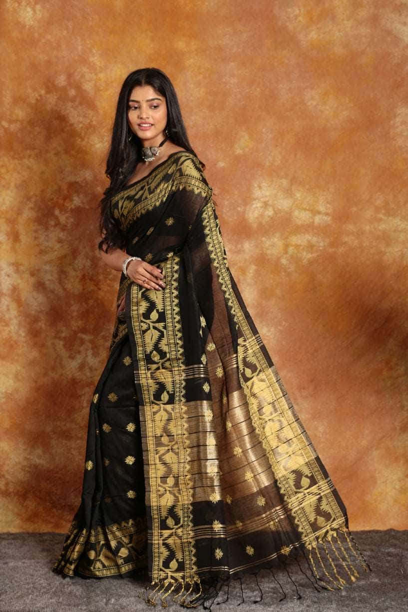 Black with Golden Zari Border-Handloom Cotton Saree-023 - indeloom
