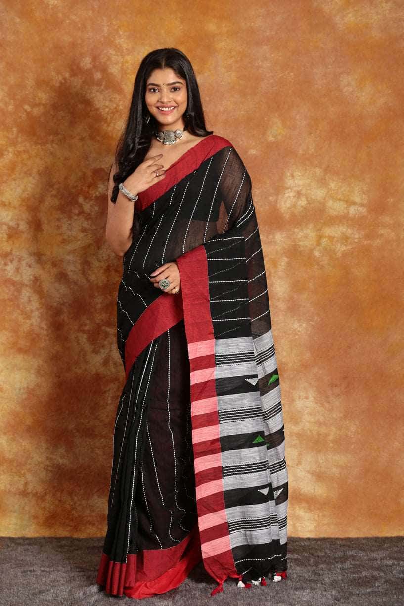 Black with Red Border-Handloom Cotton Saree-024 - indeloom