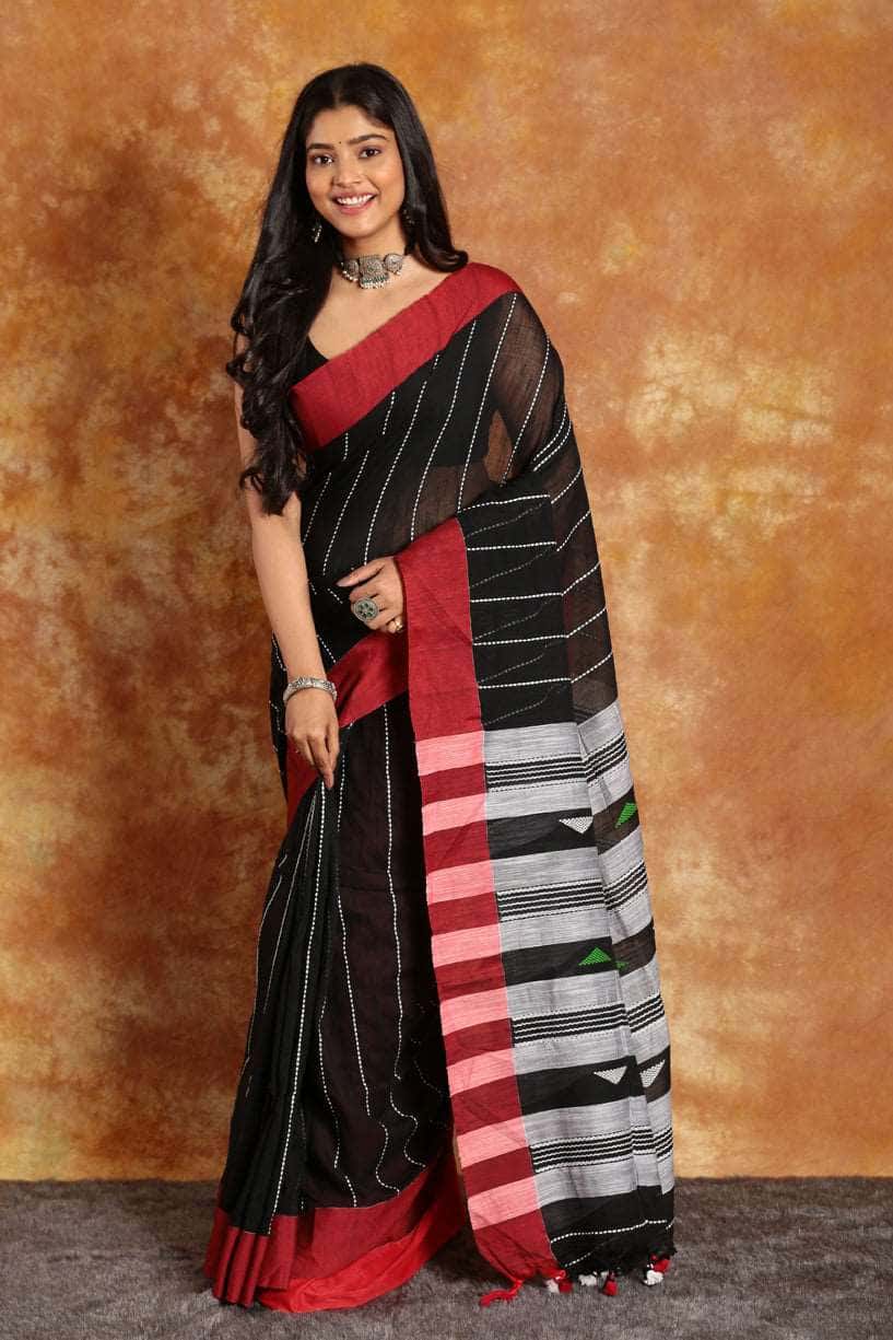 Black with Red Border-Handloom Cotton Saree-024 - indeloom