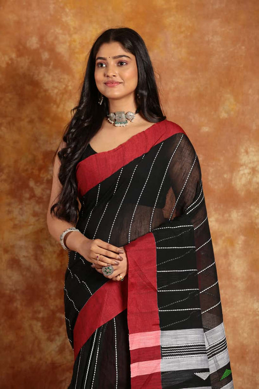 Black with Red Border-Handloom Cotton Saree-024 - indeloom