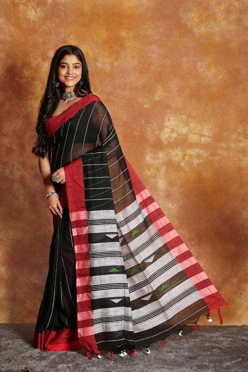 Black with Red Border-Handloom Cotton Saree-024 - indeloom