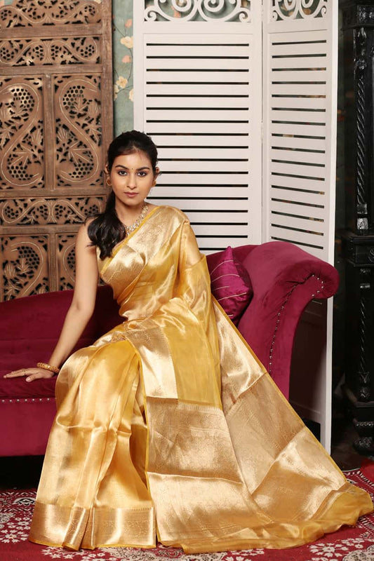 Macaroon Yellow Tissue Silk Saree-001 - indeloom