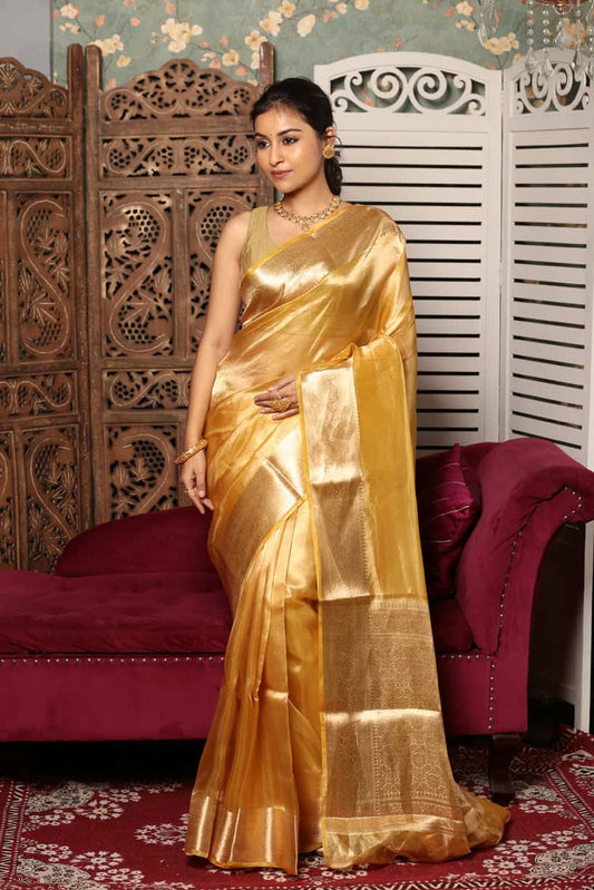 Macaroon Yellow Tissue Silk Saree-001 - indeloom