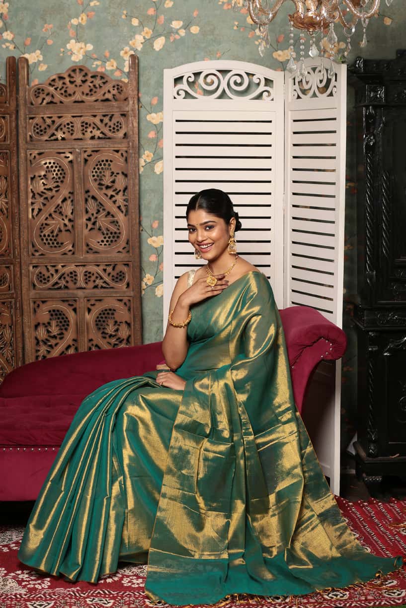Golden Leaf Green Tissue Silk Saree-015 - indeloom