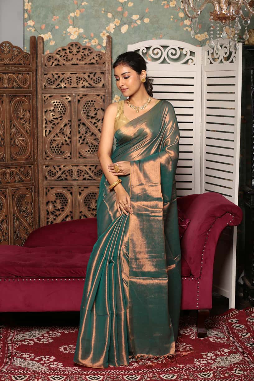 Shaded Olive Green Tissue Silk Saree-014