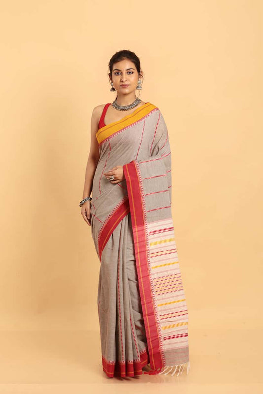 Cloud Grey-Handloom Cotton Saree-034 - indeloom