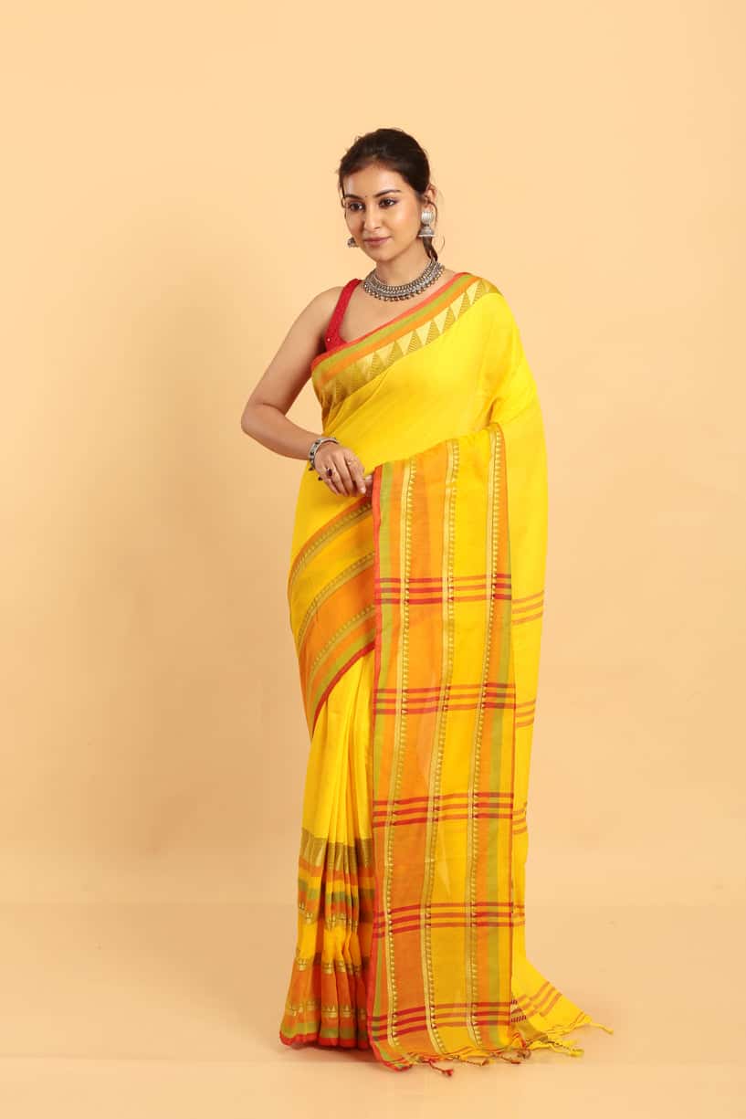 Golden Yellow-Handloom Cotton Saree-011 - indeloom