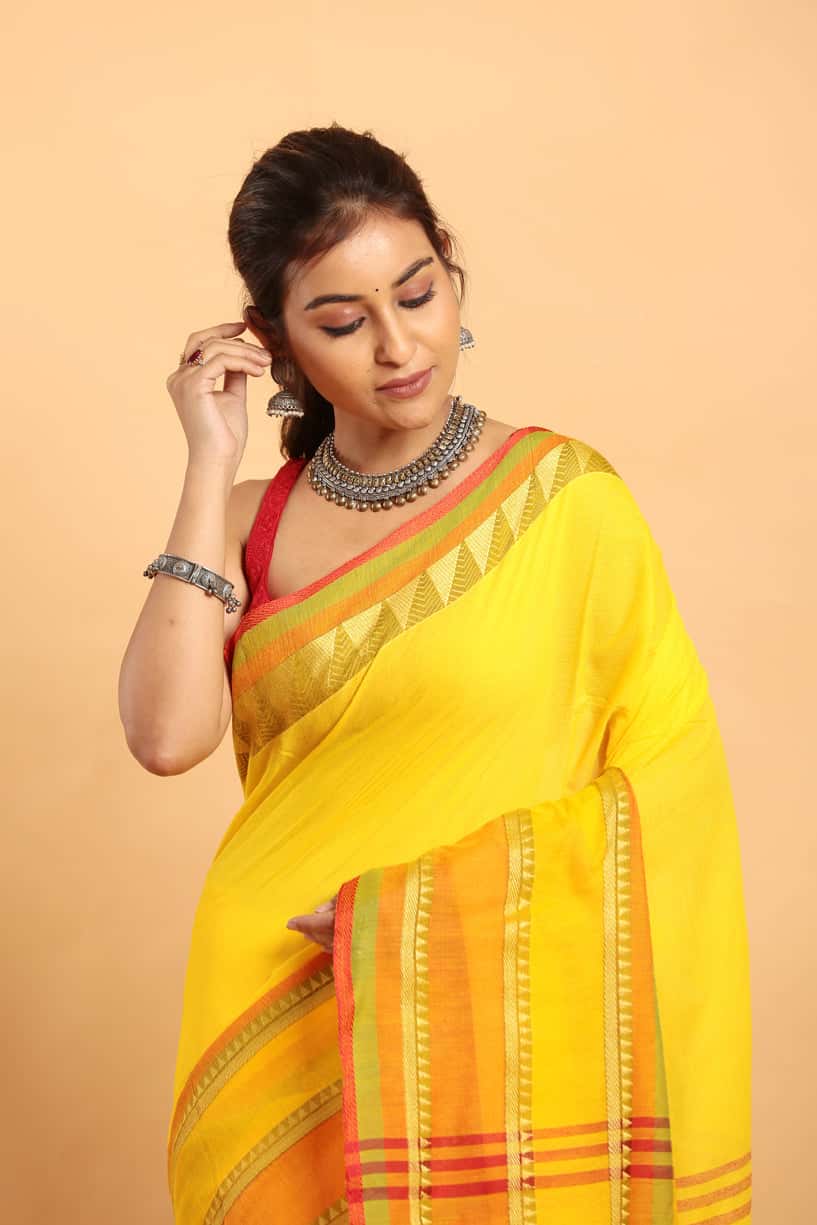 Golden Yellow-Handloom Cotton Saree-011 - indeloom