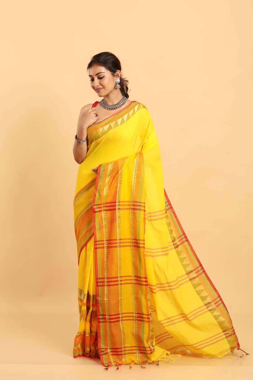 Golden Yellow-Handloom Cotton Saree-011 - indeloom