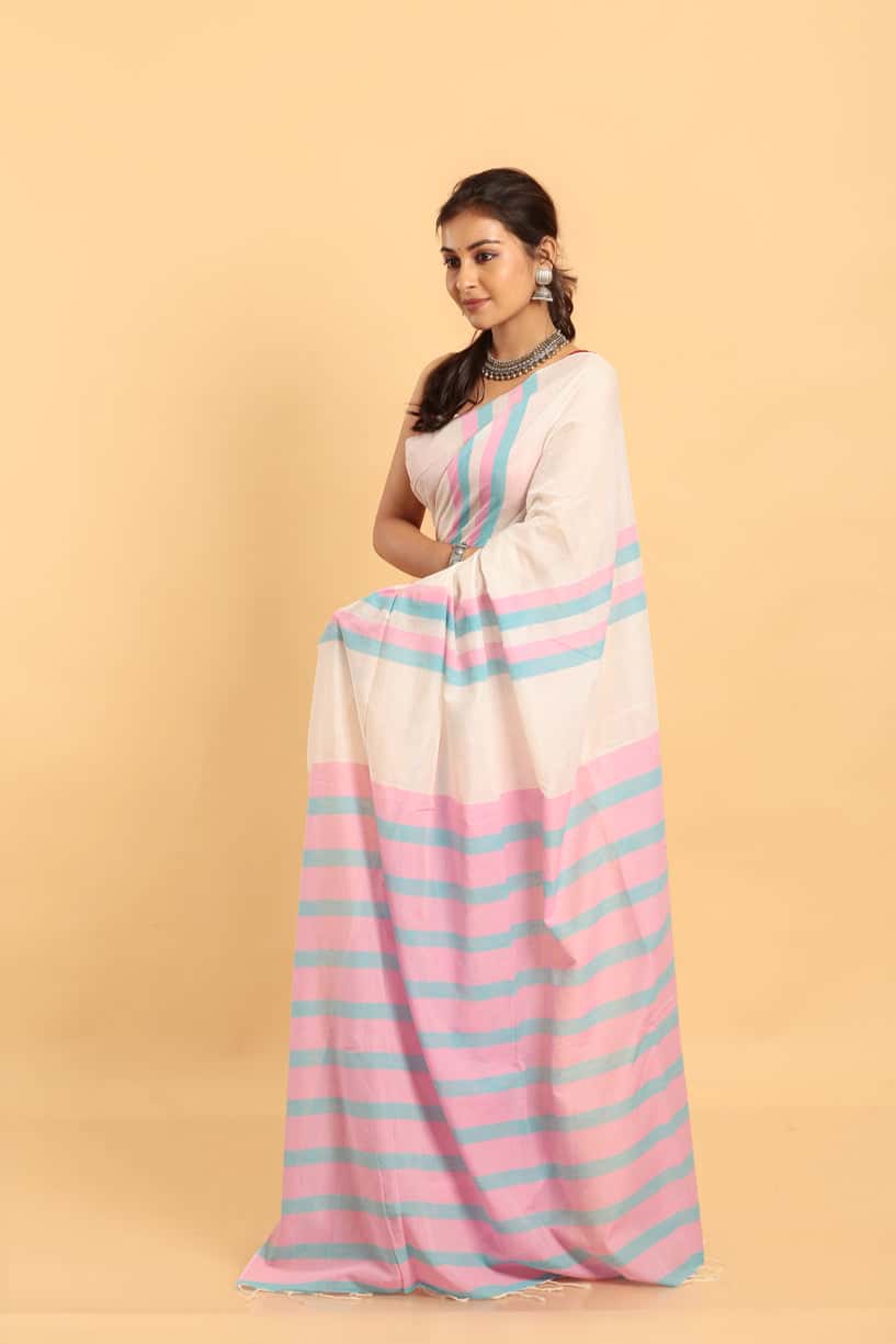 Handloom Cotton Saree With Pearl White - 033