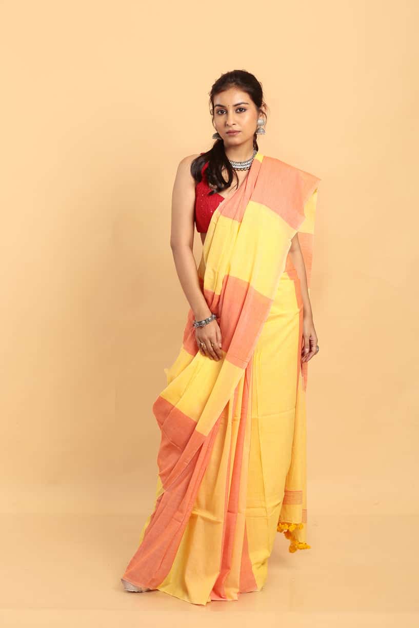 Lemon Yellow-Handloom cotton Saree-037 - indeloom