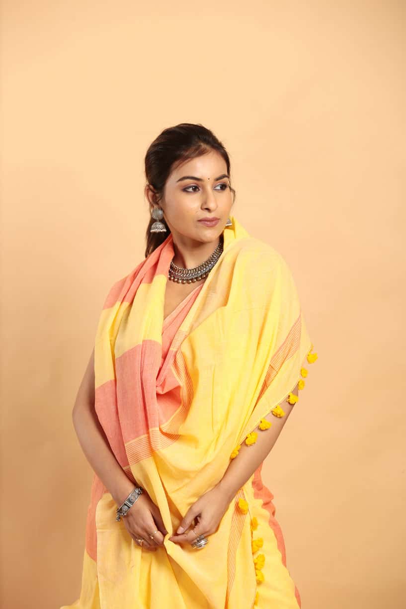 Lemon Yellow-Handloom cotton Saree-037 - indeloom