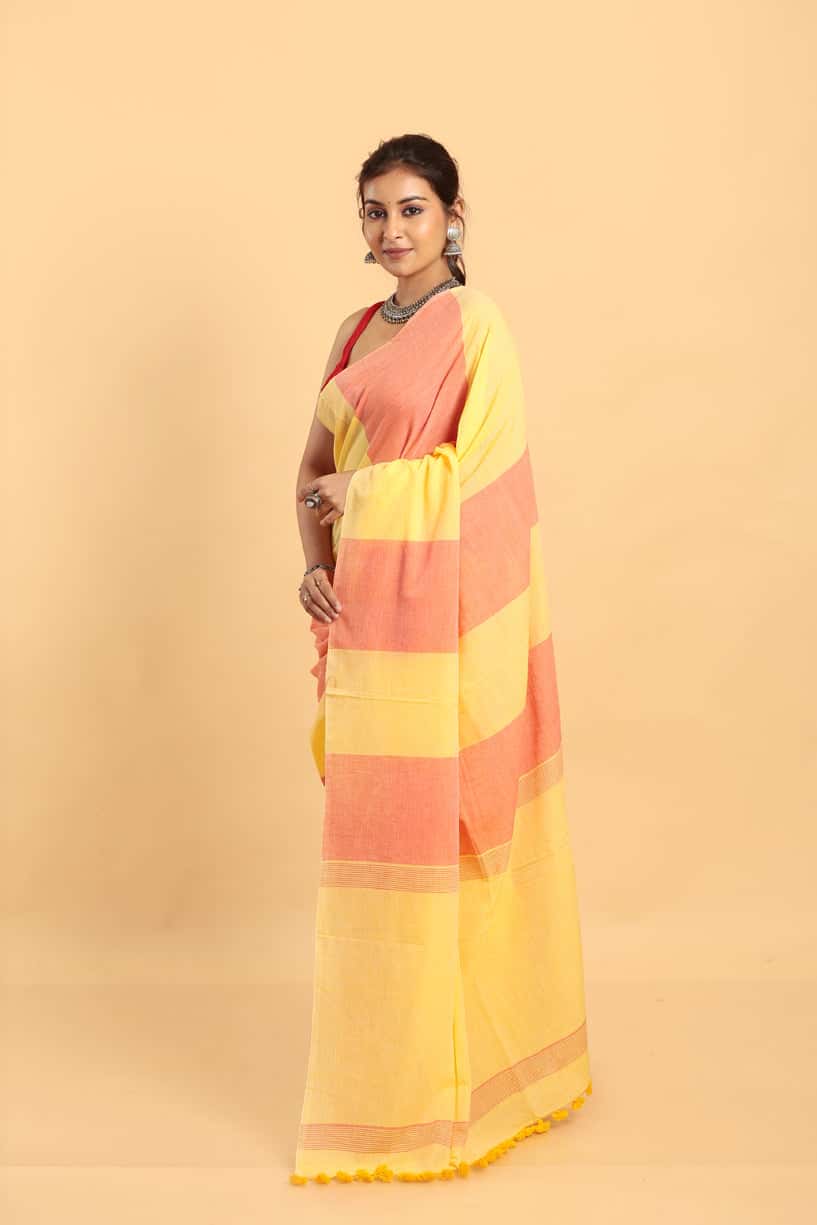 Lemon Yellow-Handloom cotton Saree-037 - indeloom