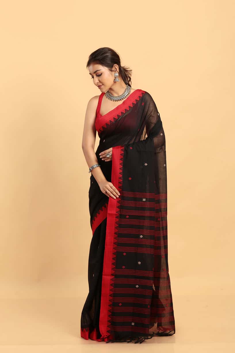 Black-Handloom Cotton Saree-026 - indeloom