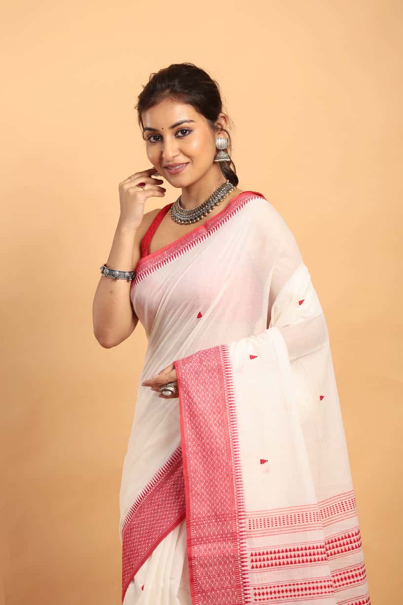 Pearl White and  Red Border- Handloom Cotton Saree(Pre-Order)-037