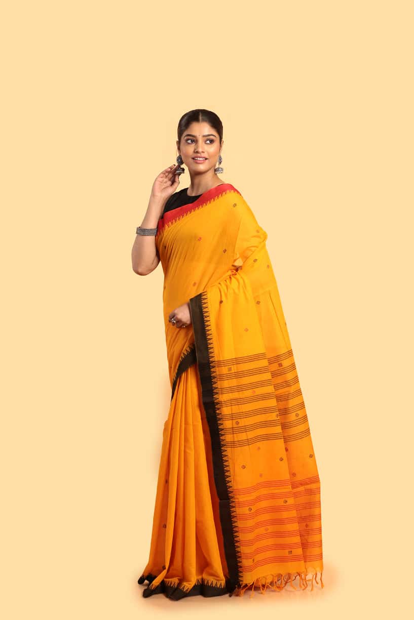 Handloom Cotton Saree With Tangerine Yellow - 044