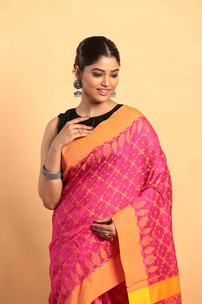 Golden Pink-Handloom Cotton Saree-009 - indeloom