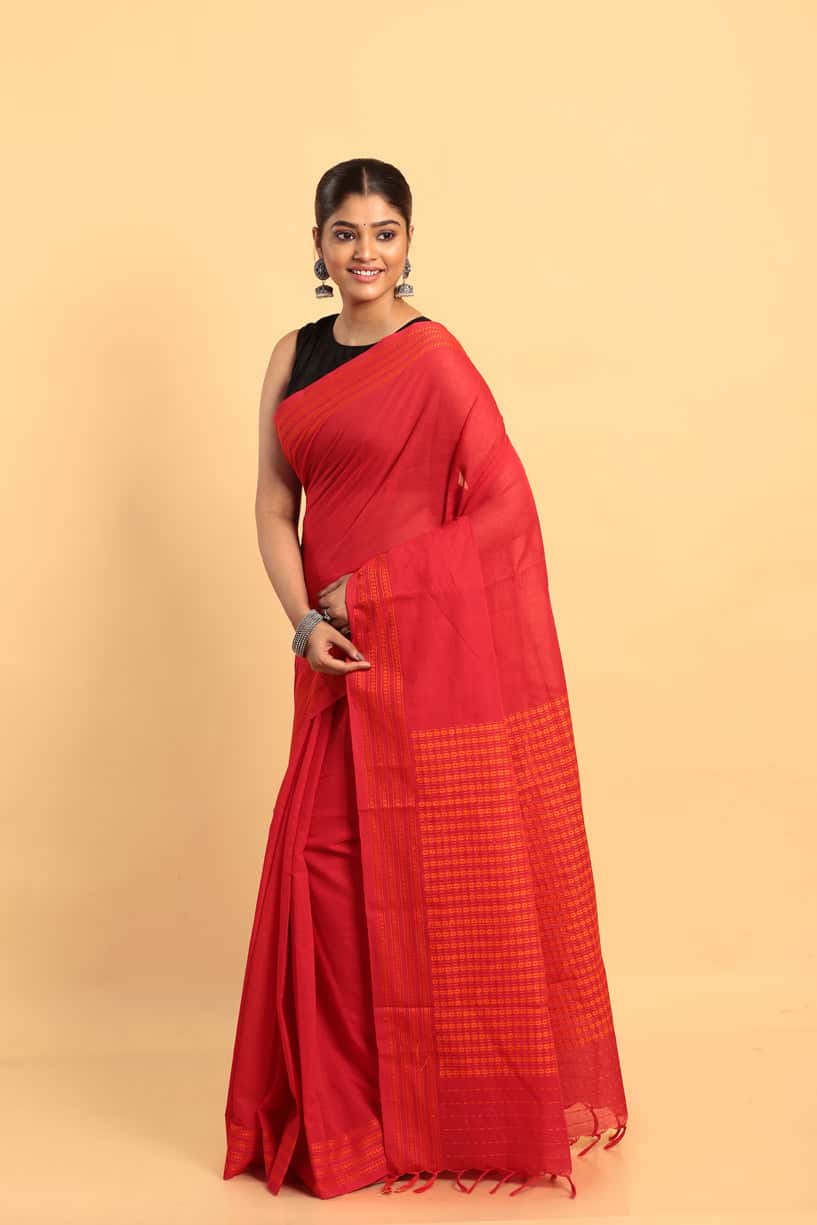 Candy Red-Handloom Cotton Saree-032 - indeloom