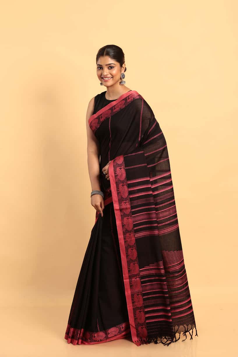 Black-Handloom Cotton Saree-028 - indeloom