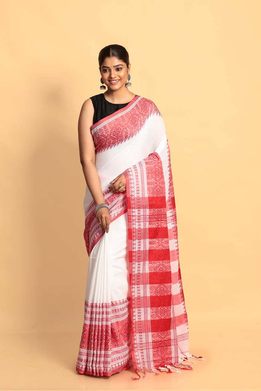 White and Red Border-Handloom Cotton Saree-051