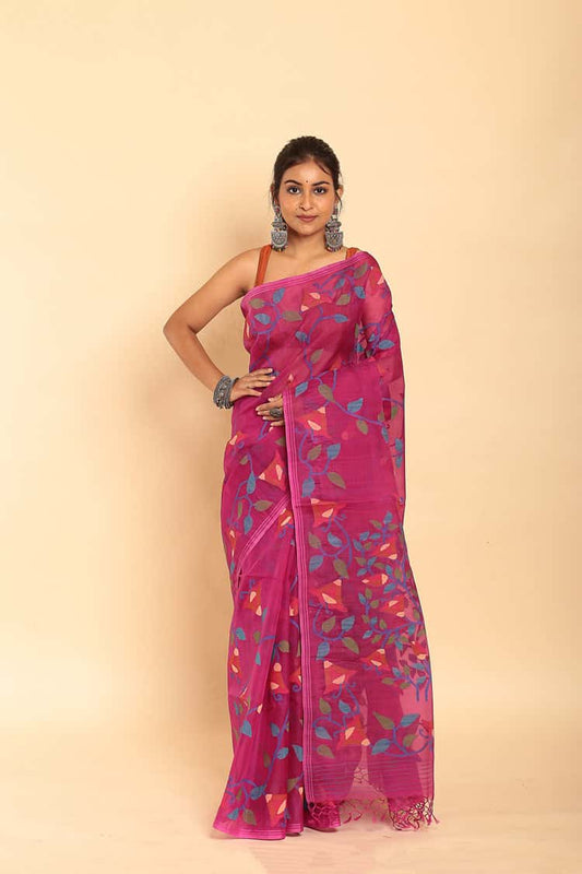 Handwoven Pure Jamdani Muslin Saree  |  Magenta Pink