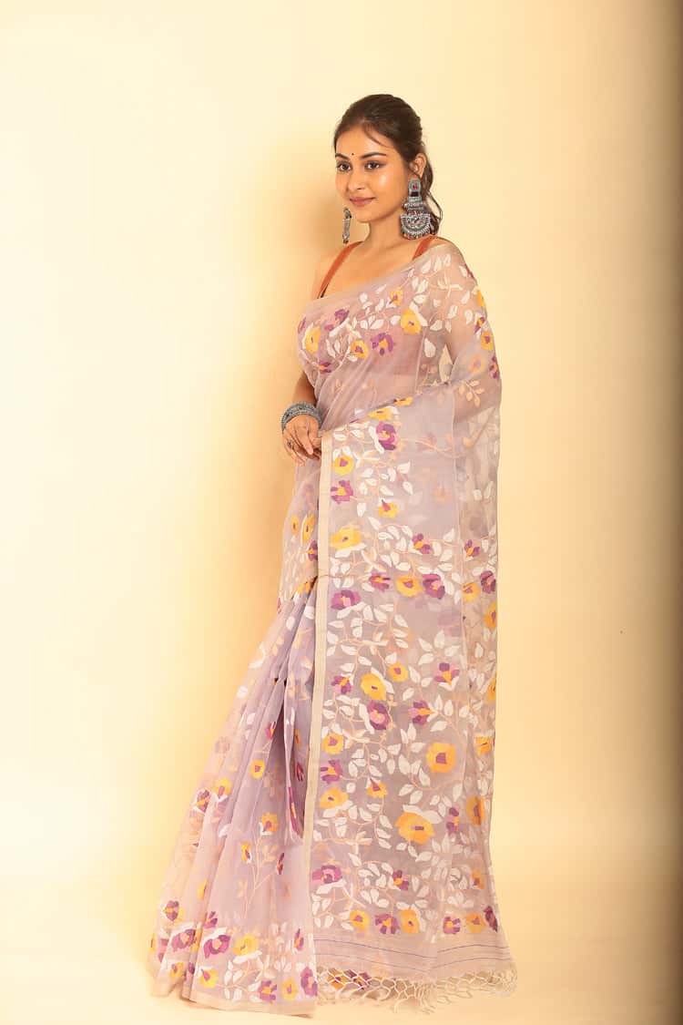 Hand Made Muslin Jamdani Saree With Thistle Color - 056