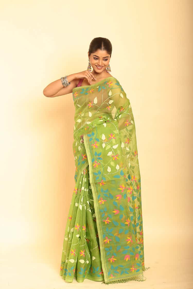 Hand Made Muslin Jamdani Saree in  Lemon Green -057